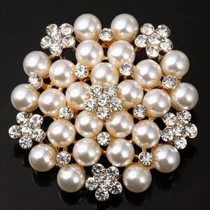 Cute Korean Style Faux Pearl Sparkling Floral Rhinestone Party Brooch Pin 1.57"